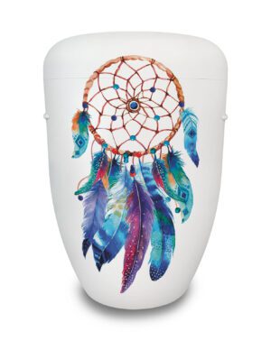 Weiße Urne mit buntem Motiv Traumfänger Aquarell