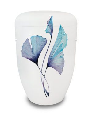 Weiße Urne mit blauen Ginkgo-Blättern