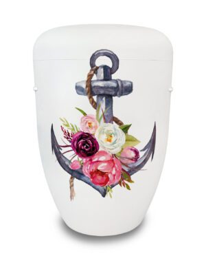 Weiße Urne mit Anker und rosa Blumen