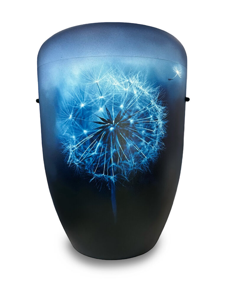 Dunkelblaue Urne mit Pusteblume