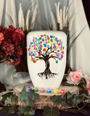 Bunte Urne mit Baum und Fingerabdrücken