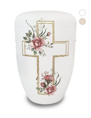 Naturstoffurne mit Kreuz und Rosenblüten