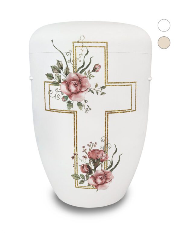 Naturstoffurne mit Kreuz und Rosenblüten