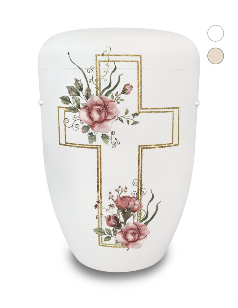 Naturstoffurne mit Kreuz und Rosenblüten
