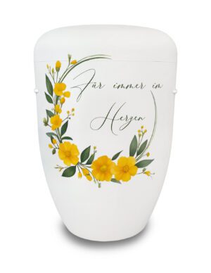 Urne mit gelben Blumen und Schriftzug - Für immer im Herzen