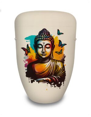 Cremefarbene Urne mit Buddha Motiv