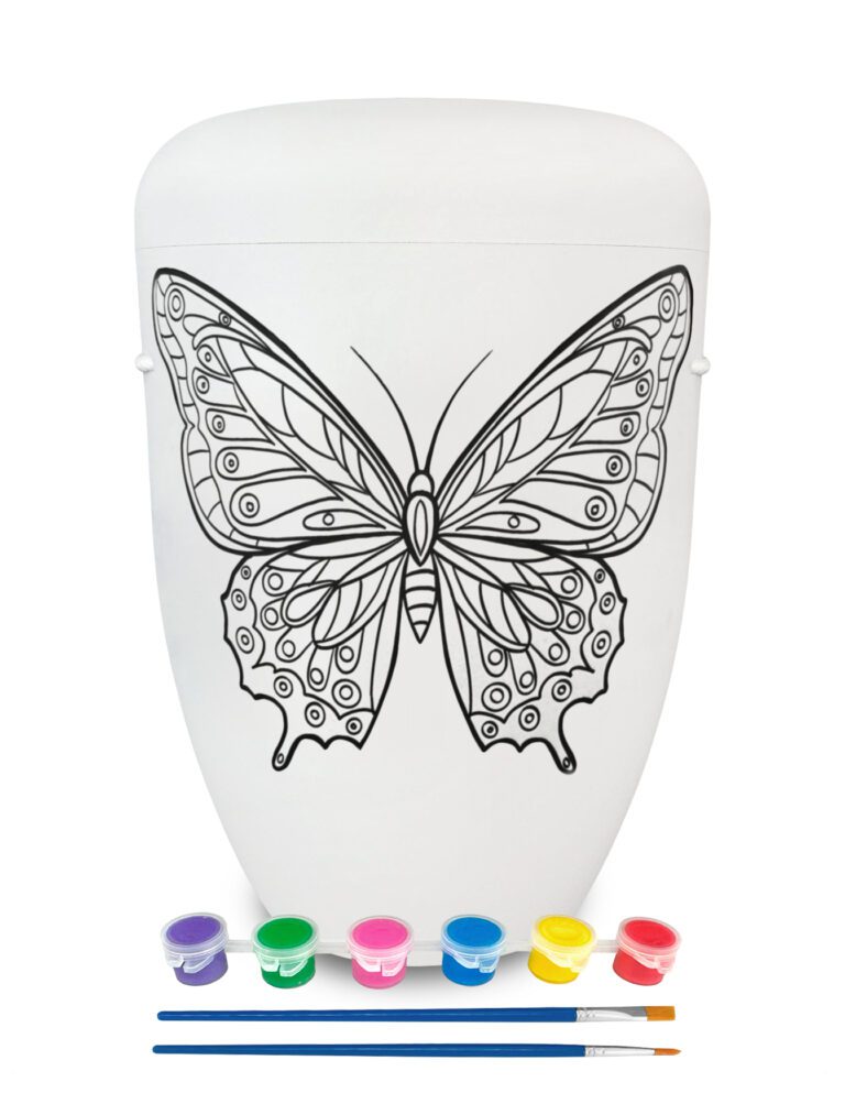 Weiße Urne mit Schmetterling zum Bemalen und Selbstgestalten