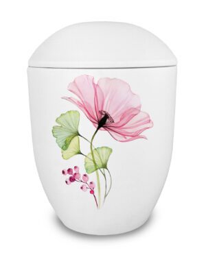 Weiße Seeurne mit rosa Blume und grünen Ginkgo-Blättern