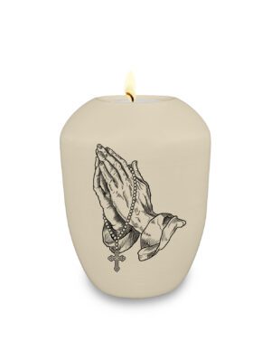 Gedenklicht / Memory Urne mit Motiv betende Hände mit Rosenkranz