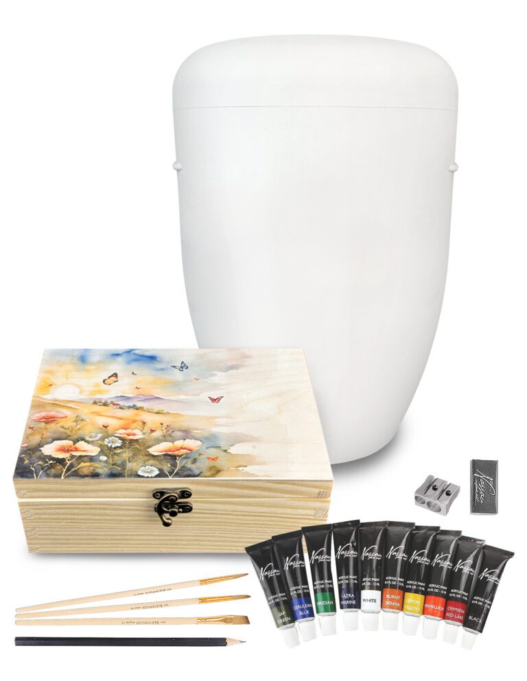 Weiße Naturstoffurne zum Selbstgestalten inkl. Künstler-Set