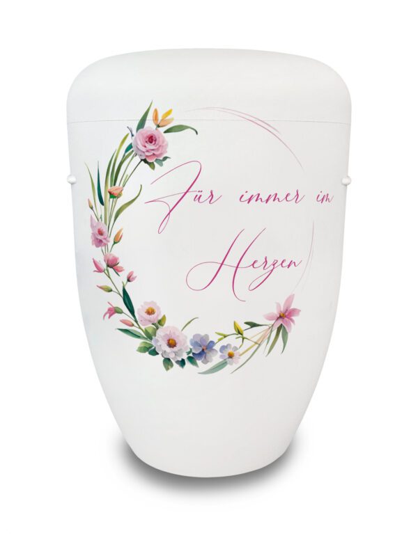 Urne mit bunten Blumen und Schriftzug - Für immer im Herzen
