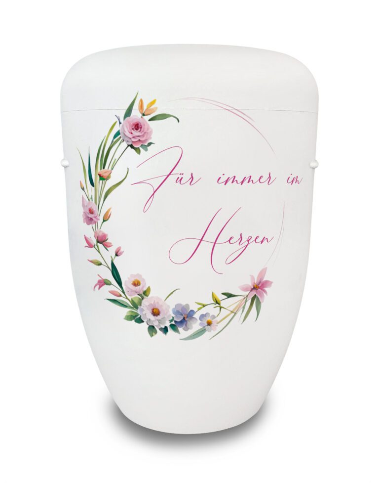Urne mit bunten Blumen und Schriftzug - Für immer im Herzen