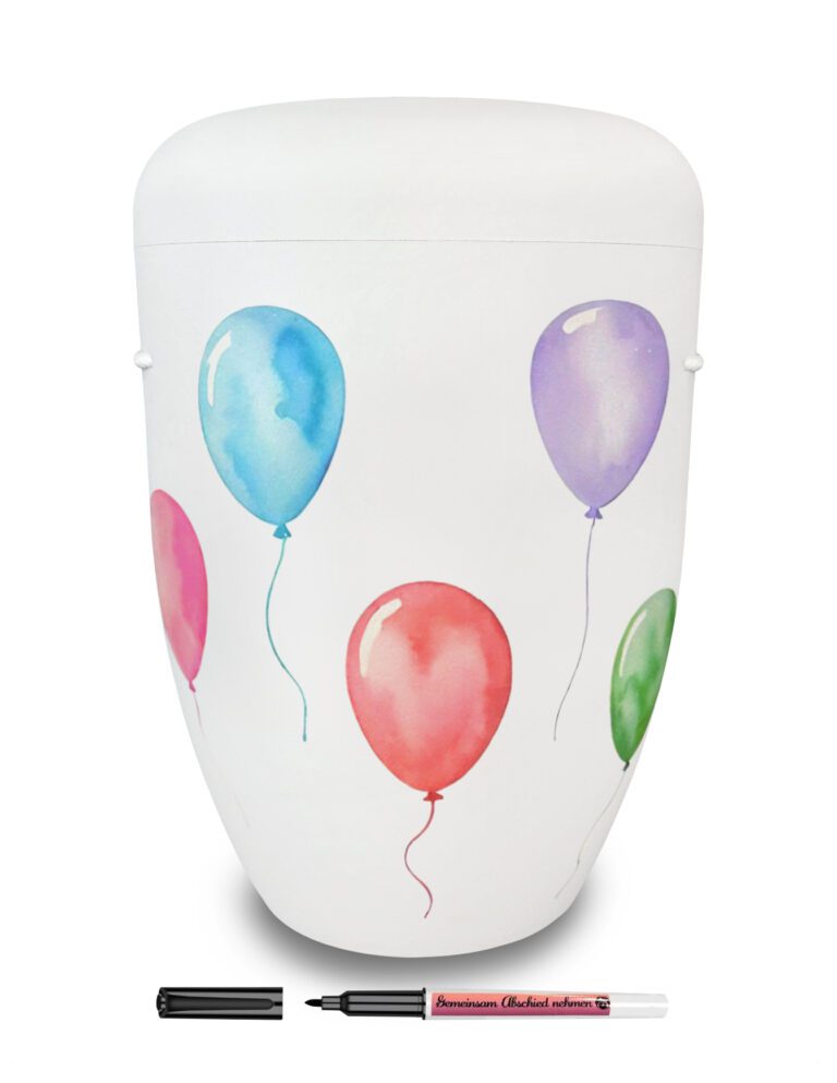 Naturstoffurne mit Luftballons zum Beschriften und Selbstgestalten