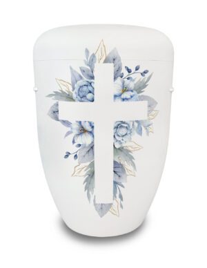 Urne mit weißem Kreuz und blauen Blumen