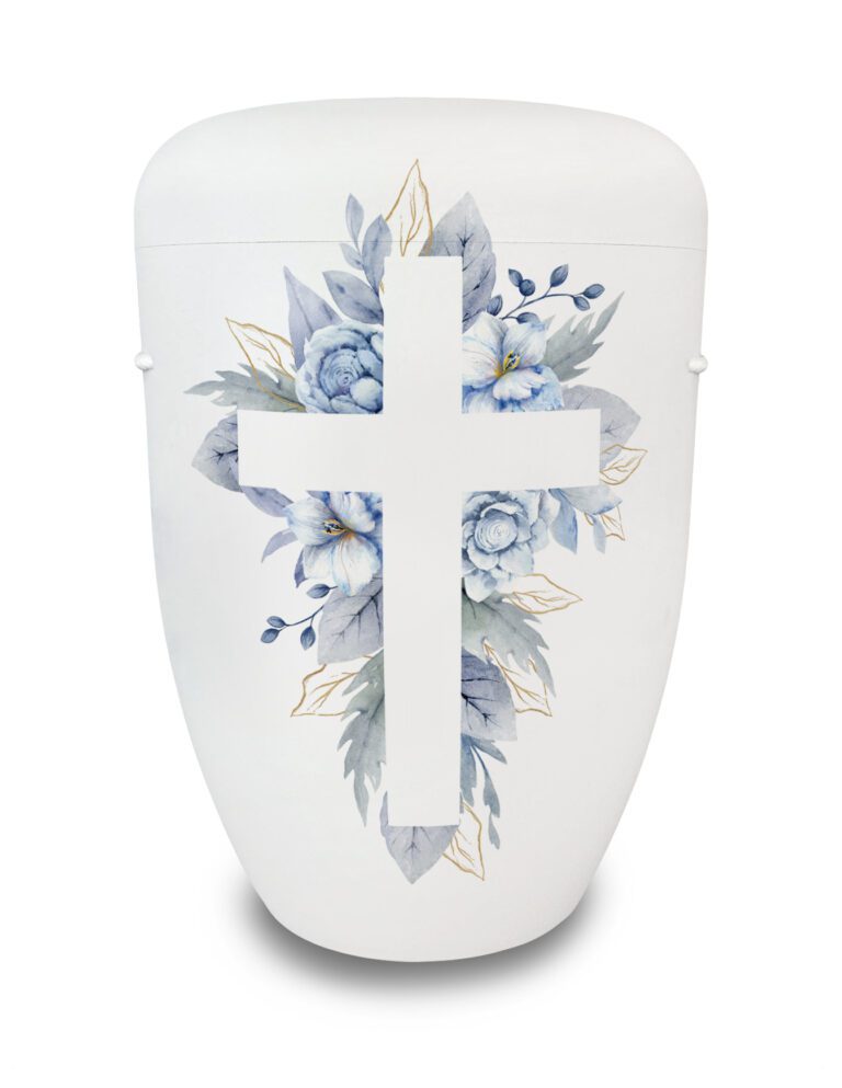 Urne mit weißem Kreuz und blauen Blumen