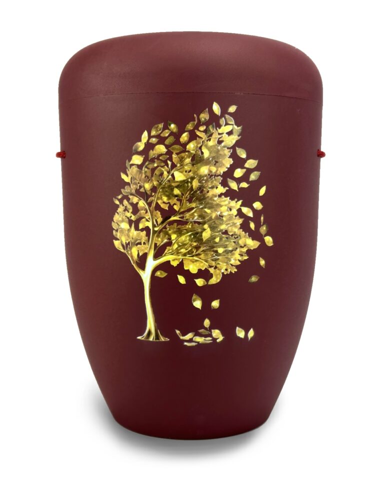 Naturstoffurne mit goldenem Baum auf weinrot