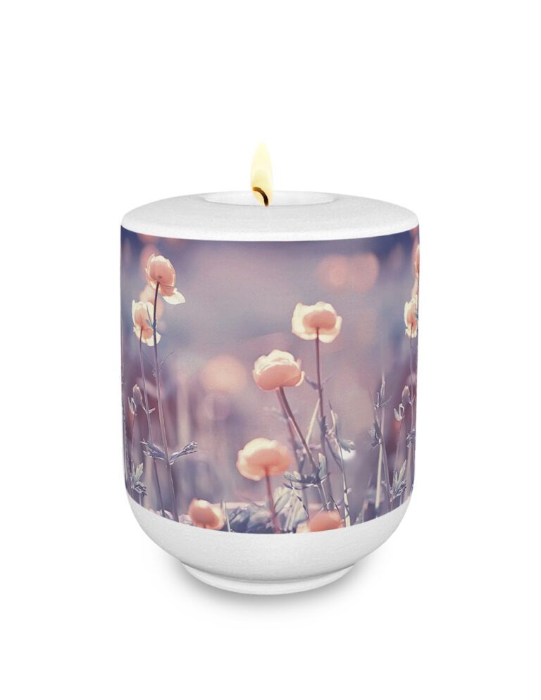 Gedenklicht / Memory Urne mit 360° Motiv Blumenwiese Trollblumen