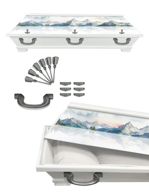 weißer Sarg mit außergewöhnlichem Design gestaltet