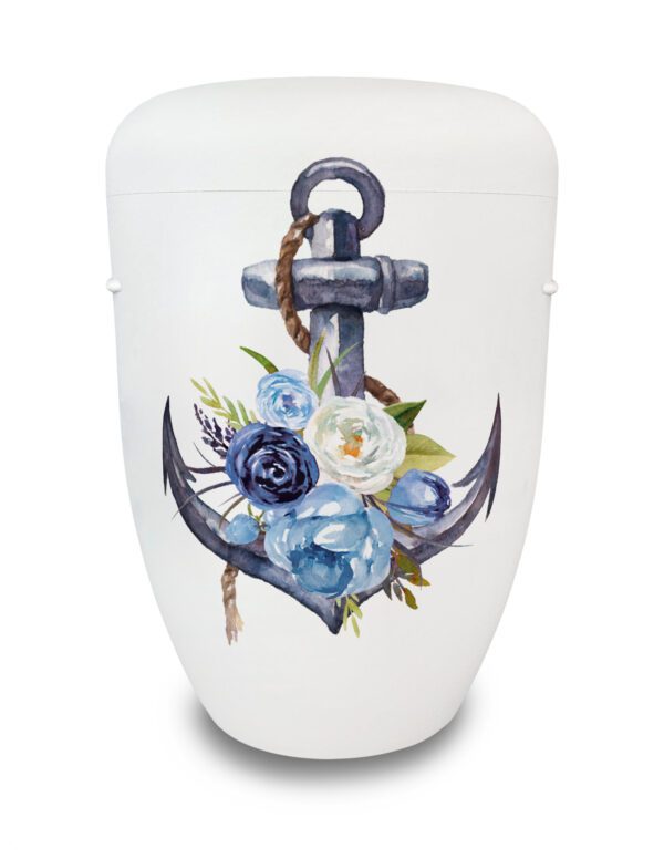 Weiße Urne mit Anker und blauen Blumen