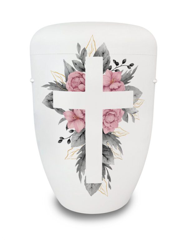 Urne mit weißem Kreuz und rosafarbenen Blumen