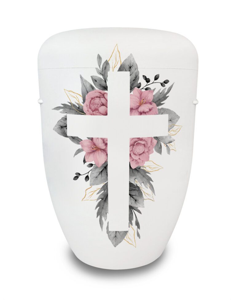 Urne mit weißem Kreuz und rosafarbenen Blumen
