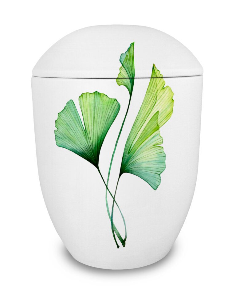 Weiße Seeurne mit grünen Ginkgo-Blättern