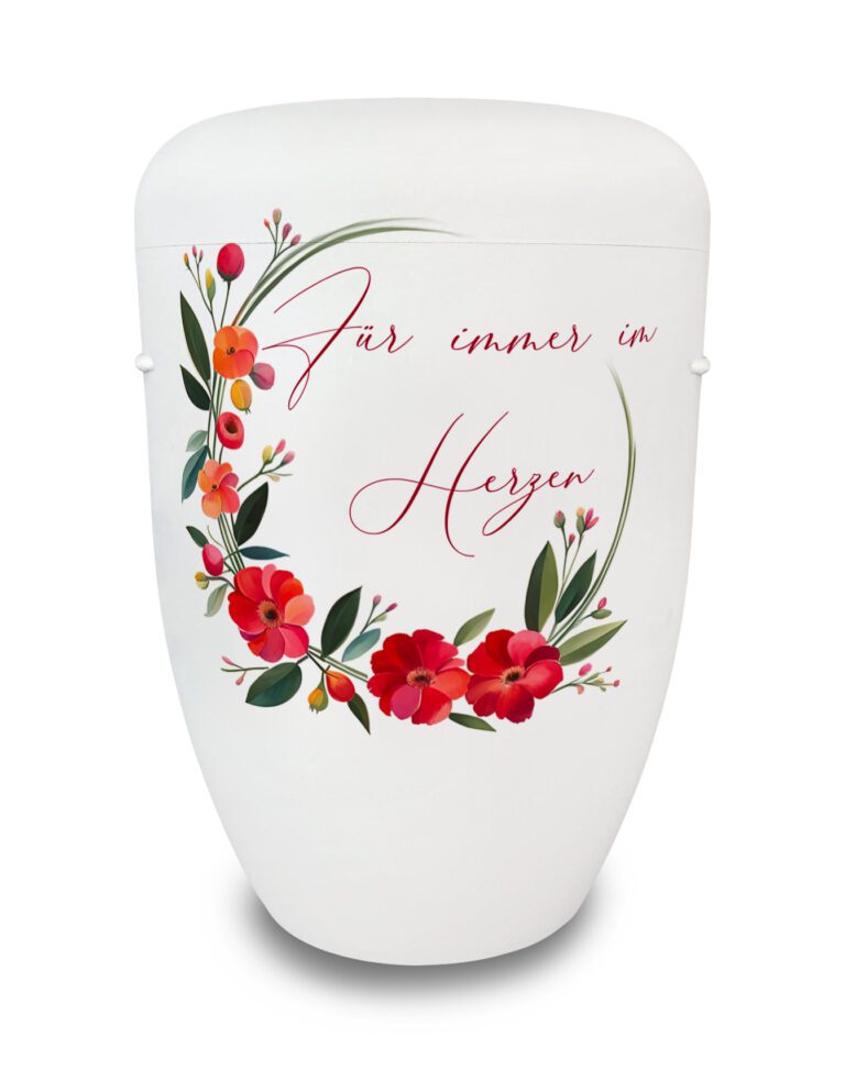 Urne mit roten Blumen und Schriftzug - Für immer im Herzen