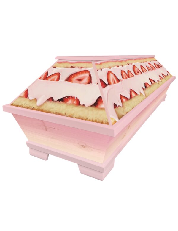 Verrückter Sarg in rosa und pink mit Erdbeertorte