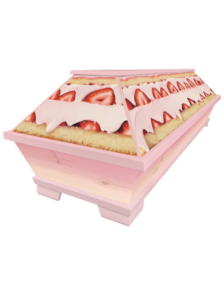 Verrückter Sarg in rosa und pink mit Erdbeertorte