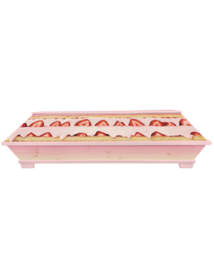 Verrückter lustiger Sarg in rosa mit Erdbeeren