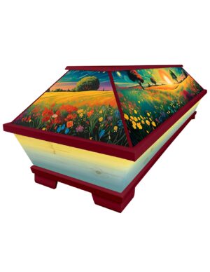 Farbenfroher Sarg mit leuchtend buntem Sommer-Motiv einer bunten Blumenwiese