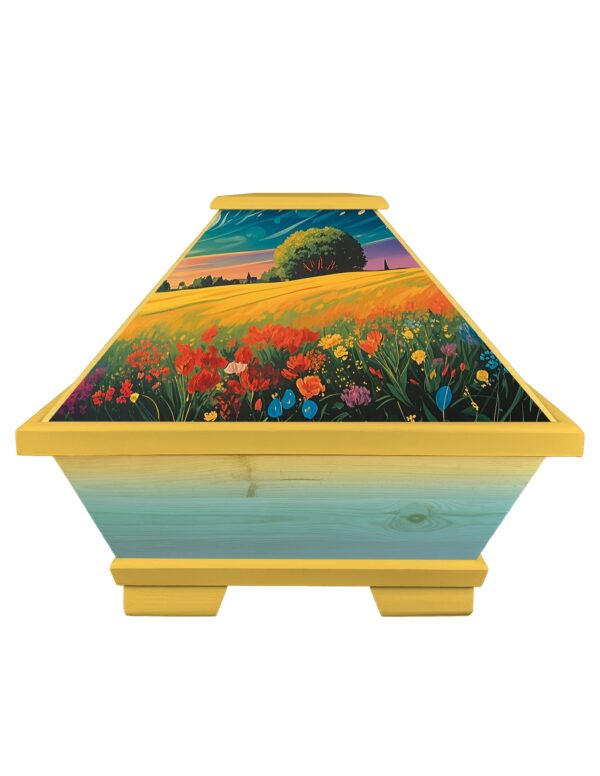 Bunter Sarg mit Blumenwiese und Sonne