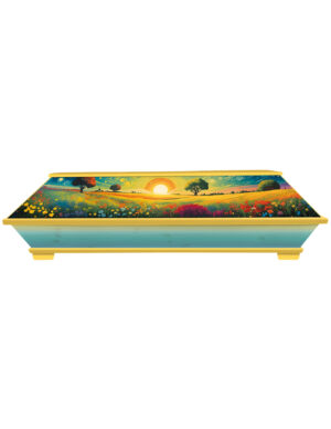 Gelber Sarg mit lebensfrohem Sommer Motiv und Blumenwiese