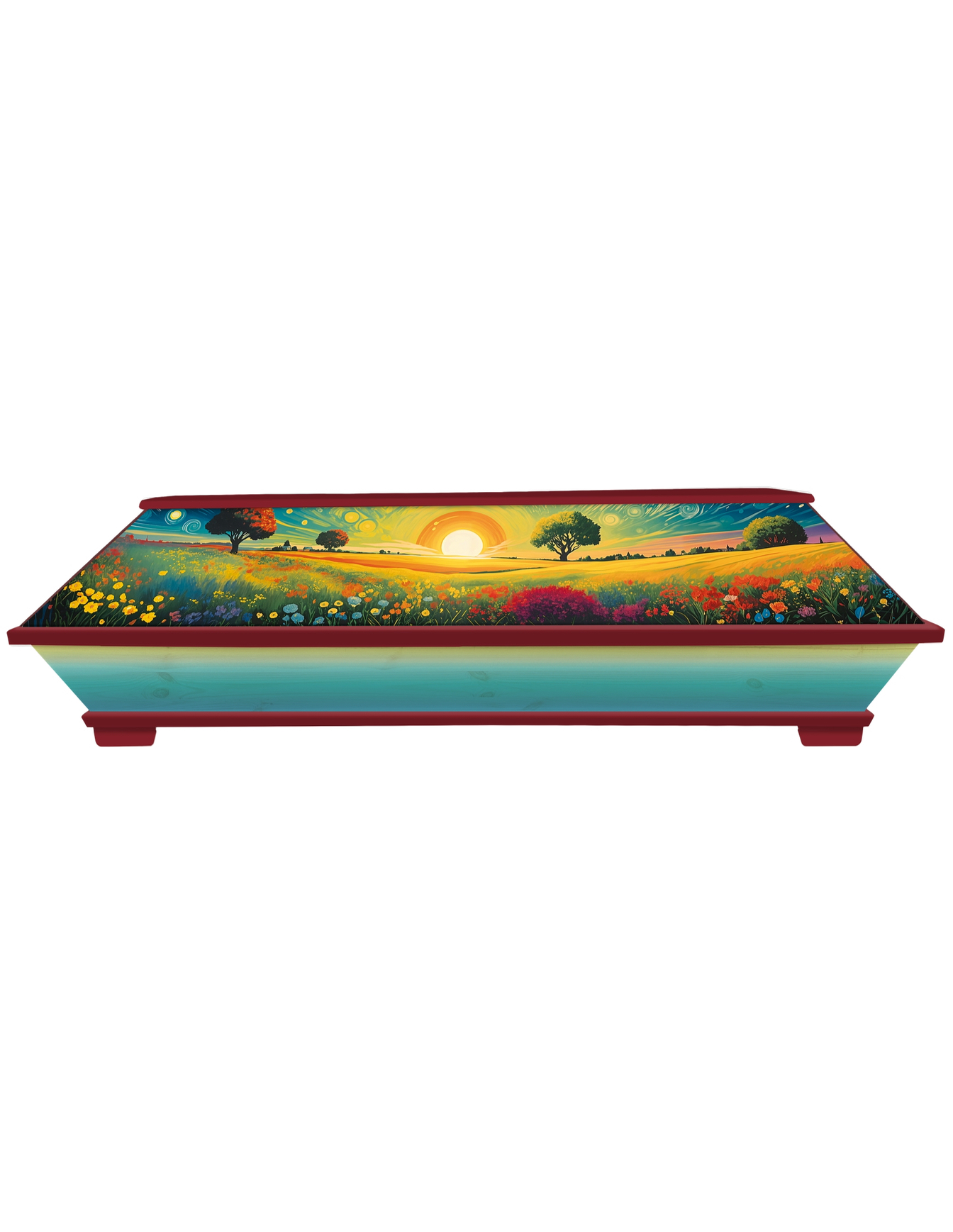 Kiefernsarg Sommerwiese Seite (KS-62-17) Roter Sarg mit lebensfrohem Sommer Motiv und Blumenwiese