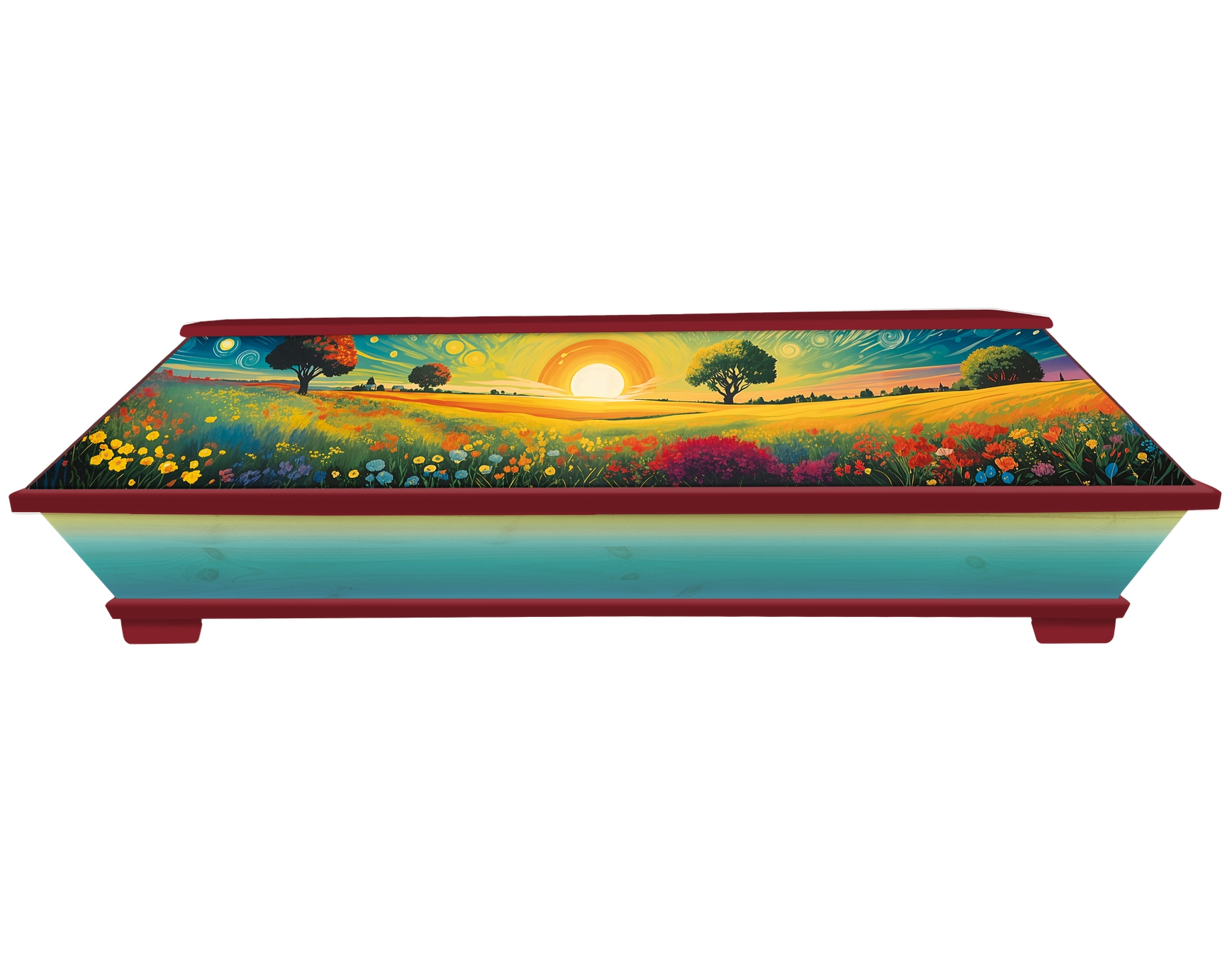 Kiefernsarg Sommerwiese – Seite (KS-62-17) Bunter fröhlicher Sarg mit Blumenwiese und farbenfrohem Sommer-Motiv