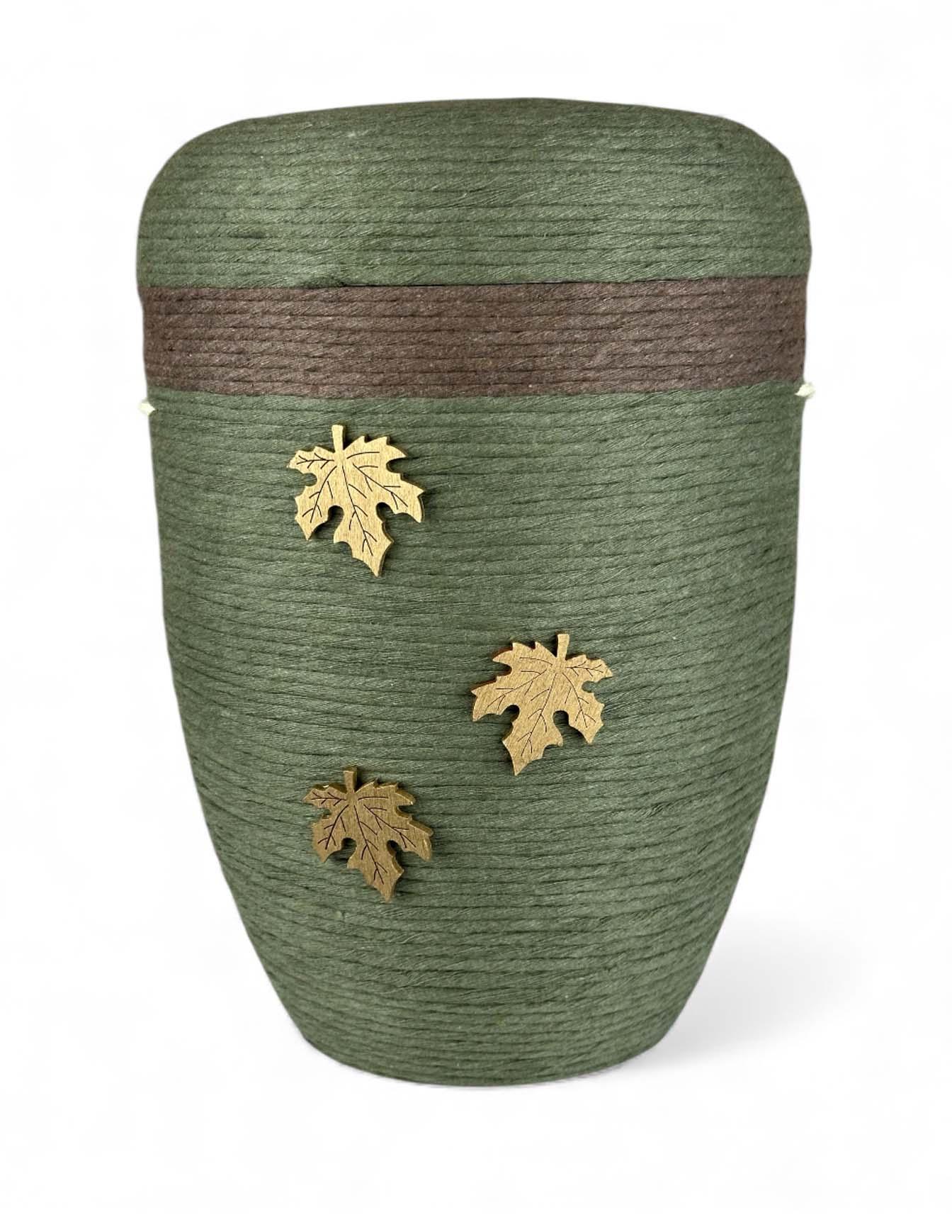 (WH-225-b) Urne-Wolle-Holz-Blaetter Grüne Urne mit Wolle umwickelt in moosgrün mit kleinen Holzblättern