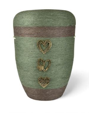 Natürliche Urne in moosgrün mit Wolle und Holzdekor