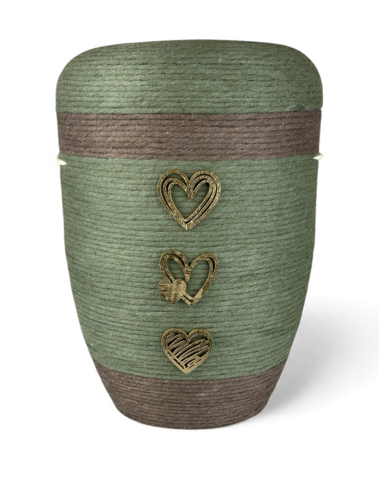 Natürliche Urne in moosgrün mit Wolle und Holzdekor