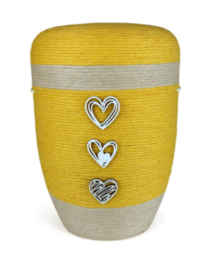 Urne mit Wolle in gelb mit Holz-Herzchen