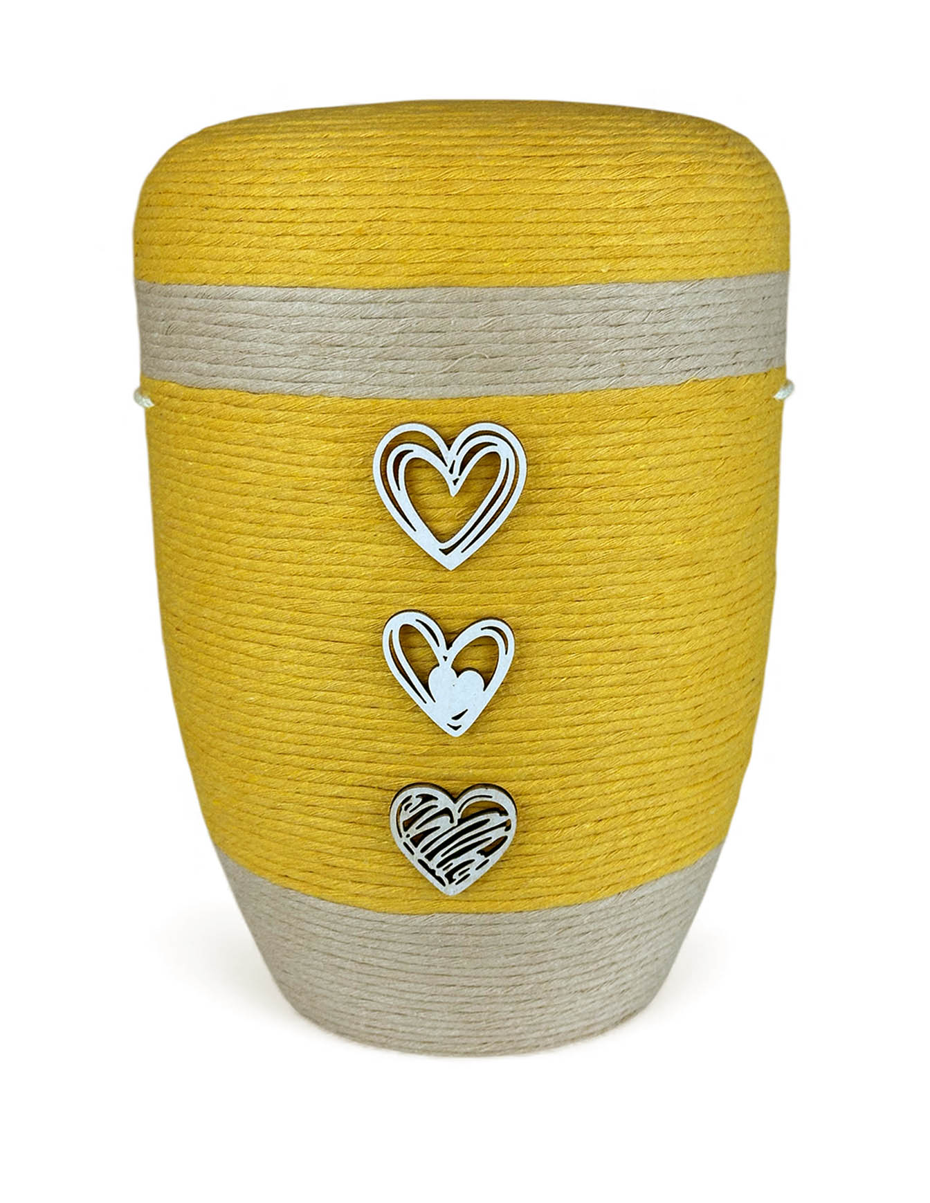 (WH-245-b) Urne-Wolle-Holz Urne mit Wolle in gelb mit Holz-Herzchen