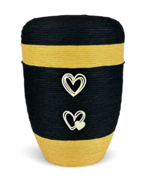 Schwarz-gelbe Urne mit Wolle und Holzdekoration