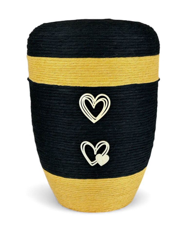 Schwarz-gelbe Urne mit Wolle und Holzdekoration