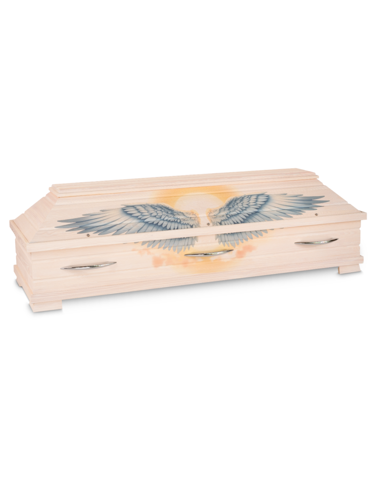 Sarg mit Engelsflügeln und Sonne