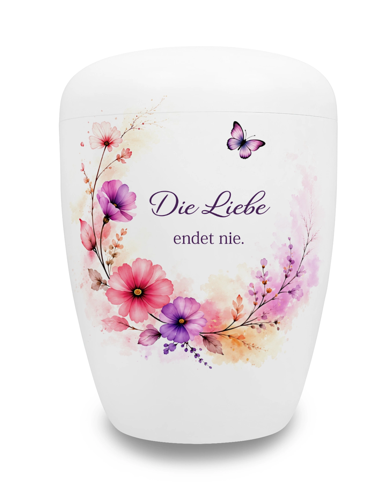 Urne mit Spruch - Liebe (NS-150-15FH) Weiße Urne mit Spruch und bunten Blumen