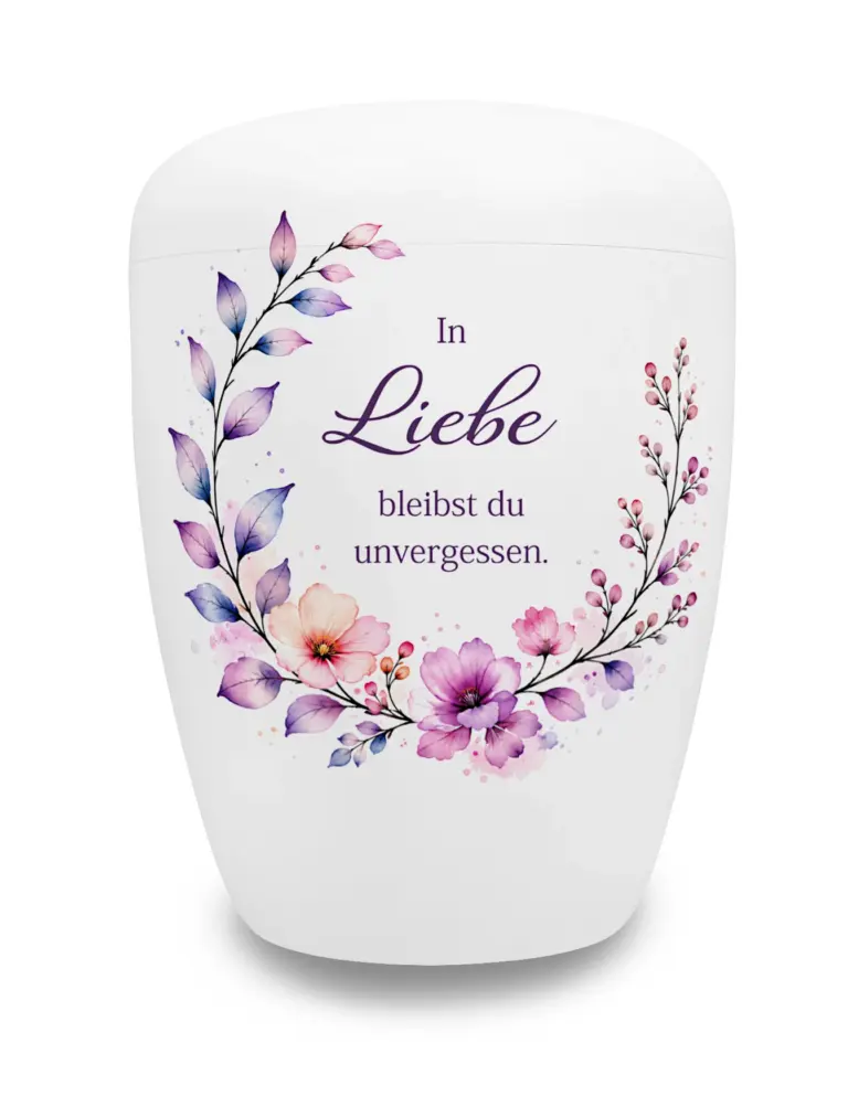 Weiße Urne mit Spruch und lila Blumen