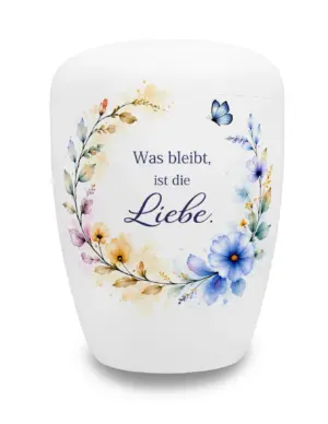 Weiße Urne mit Zitat und blauen Blumen
