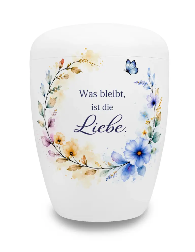 Weiße Urne mit Zitat und blauen Blumen