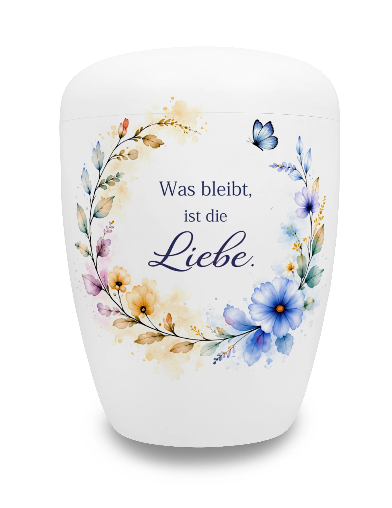 Urne mit Spruch - Was bleibt... (NS-152-15FH) Weiße Urne mit Zitat und blauen Blumen