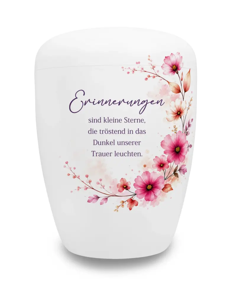 Weiße Urne mit Spruch und rosa Blumen