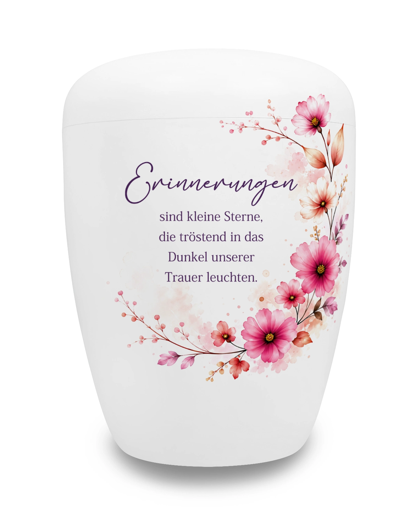 Urne mit Spruch - Erinnerungen... (NS-153-15FH) Weiße Urne mit Spruch und rosa Blumen
